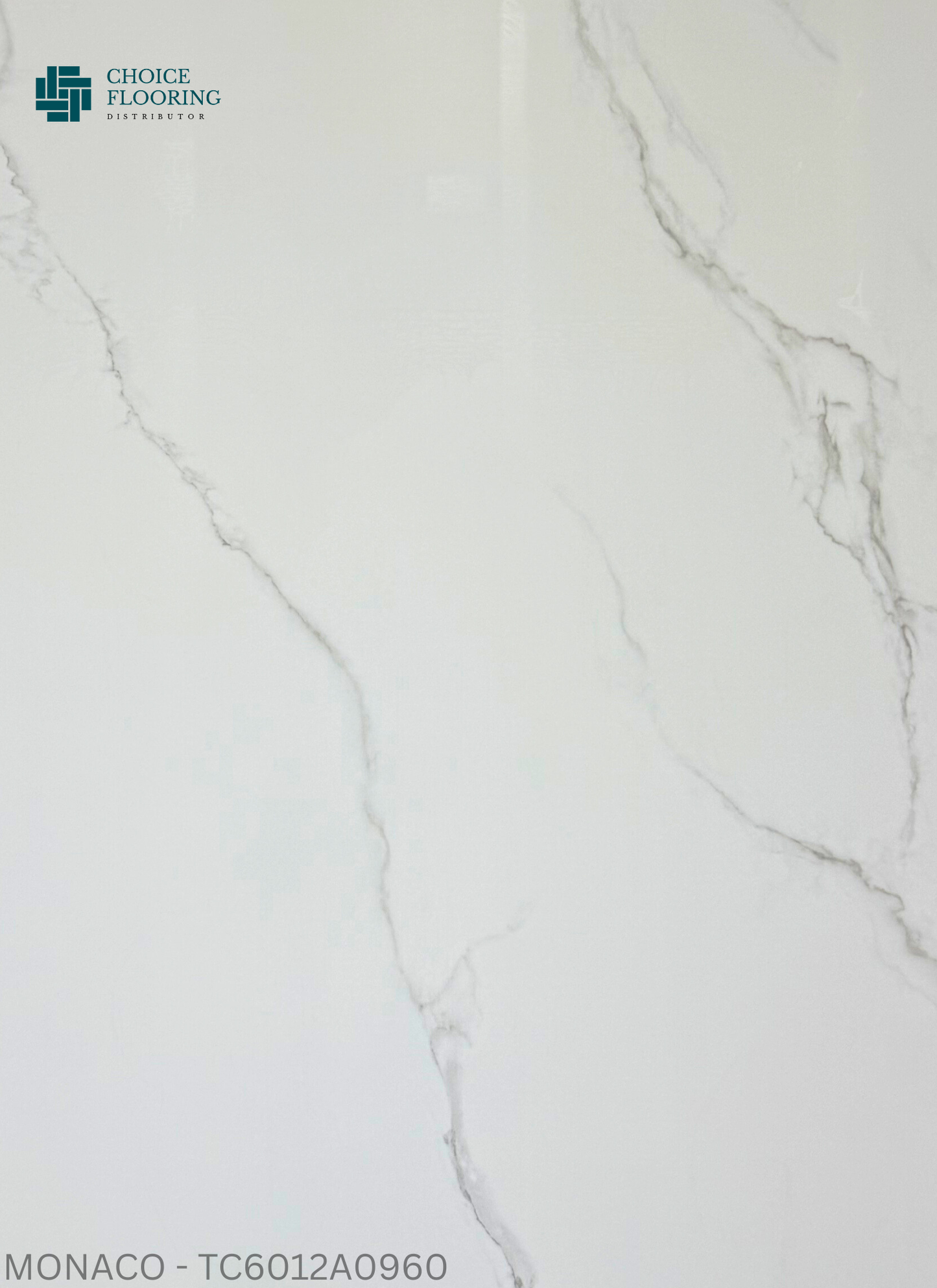 White marble-like tile with subtle gray veining, featuring Choice Flooring logo.