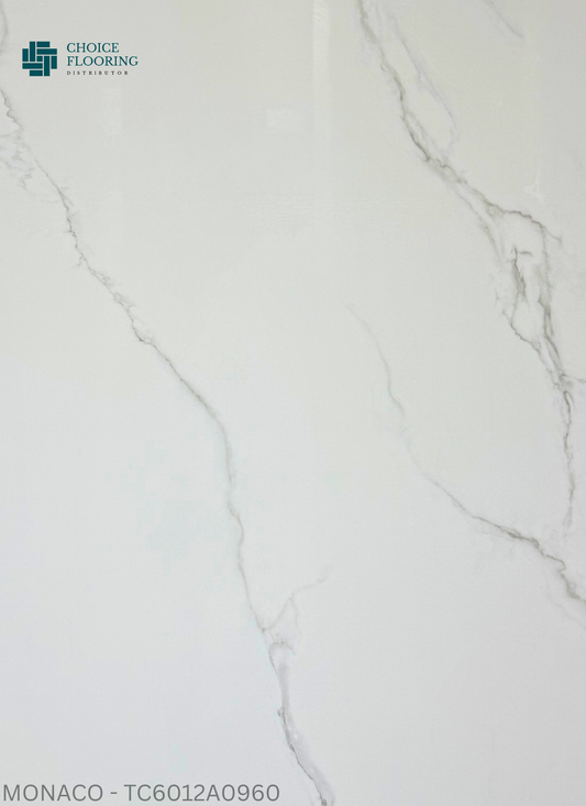 White marble-like tile with subtle gray veining, featuring Choice Flooring logo.