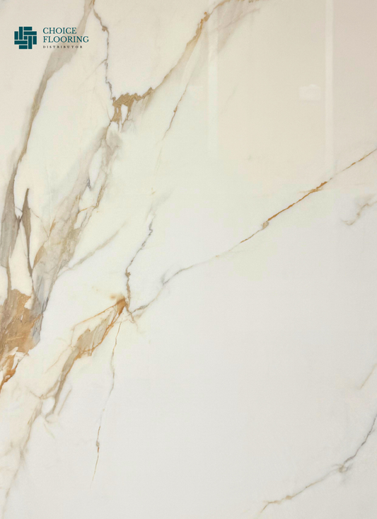 Marble-like flooring with gold accents and 'Choice Flooring' logo.