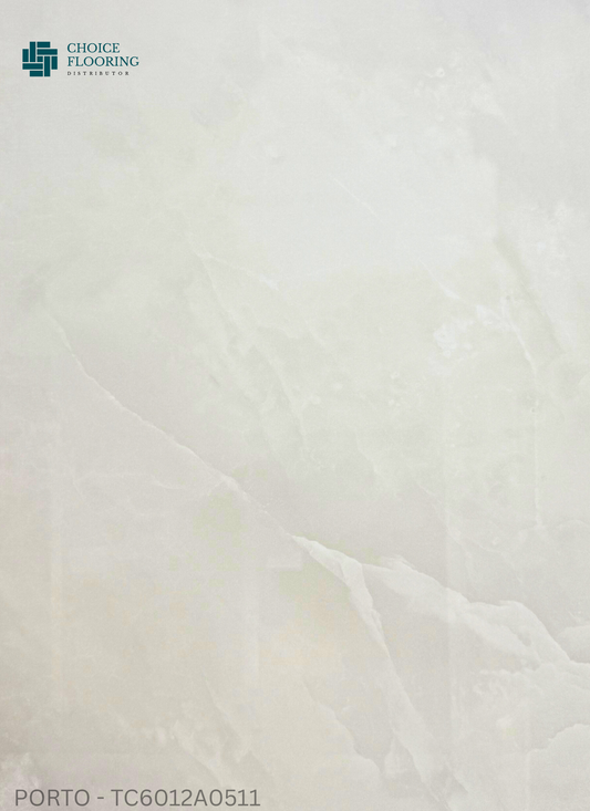 White ceramic tile with a subtle pattern on a white background, featuring the Choice Flooring logo.